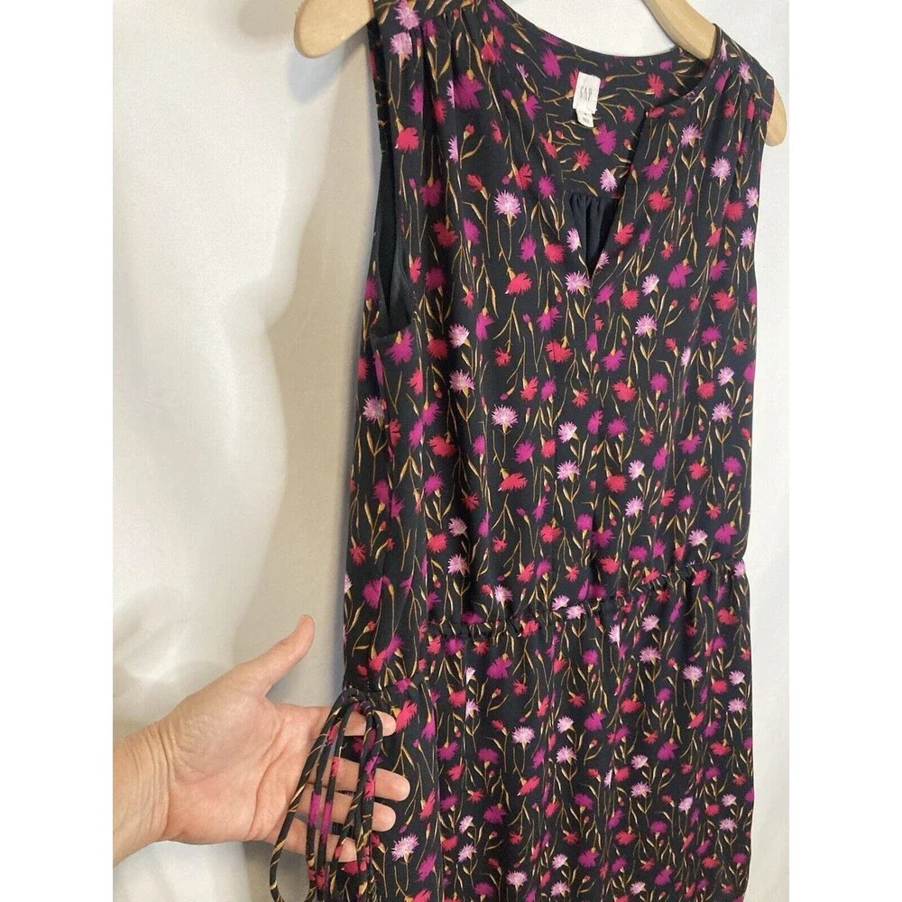GAP Mini Dress M Drawstring Waist Black Pink Ditsy Floral Fairy Sleeveless Boho